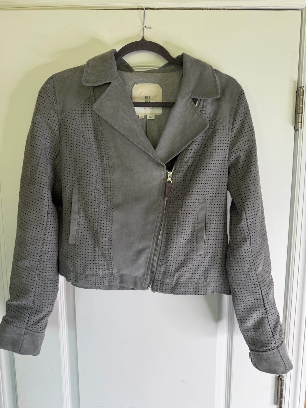 Anthropologie Hei Hei Perforated Vegan Suede Moto Jacket - Gray. Size S